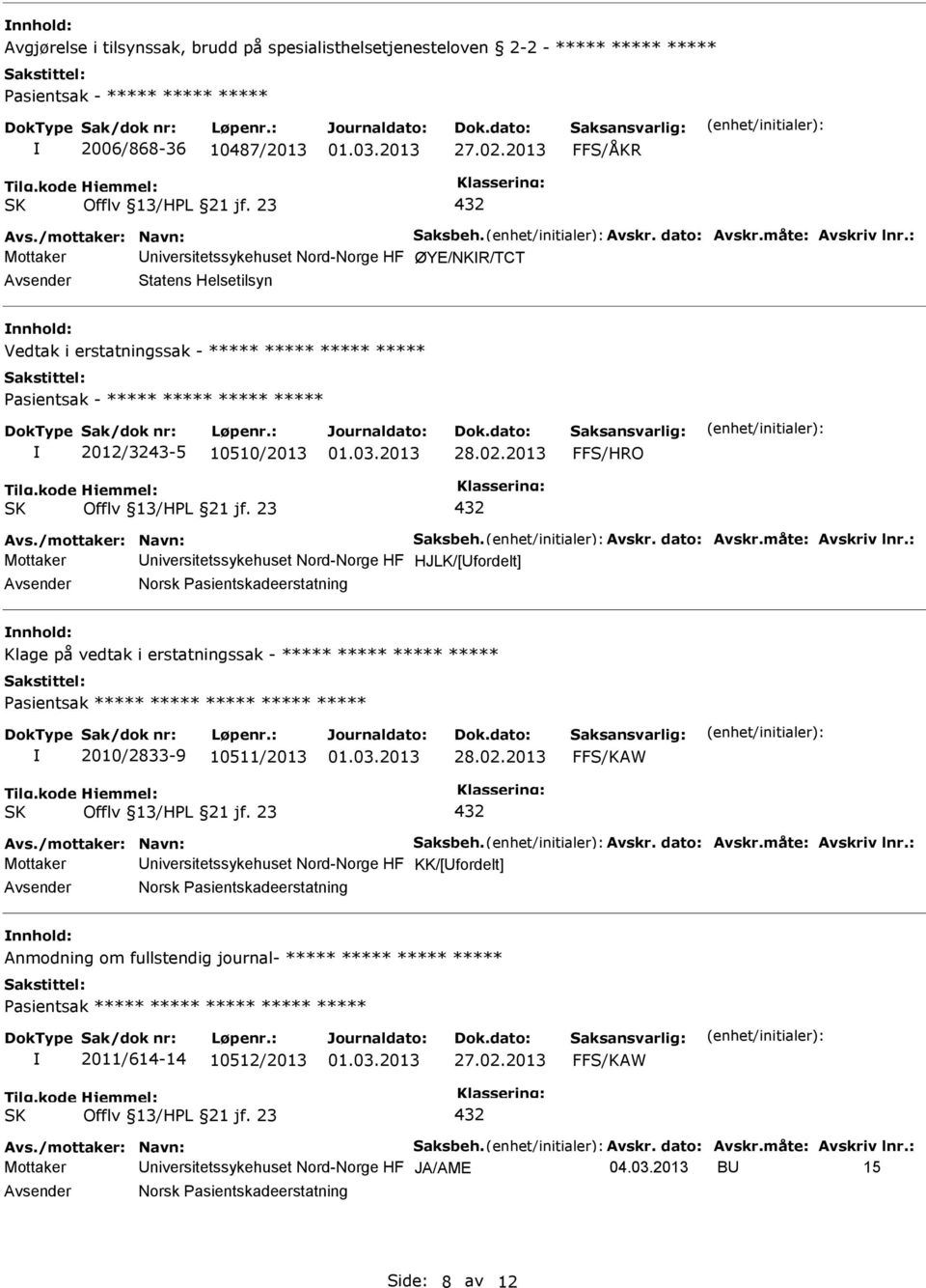 - ***** ***** ***** ***** Pasientsak ***** ***** ***** ***** ***** 2010/2833-9 10511/2013 FFS/KAW Mottaker niversitetssykehuset Nord-Norge HF KK/[fordelt] Norsk Pasientskadeerstatning Anmodning om