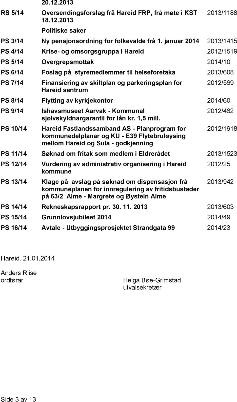 og parkeringsplan for Hareid sentrum 2012/569 PS 8/14 Flytting av kyrkjekontor 2014/60 PS 9/14 PS 10/14 Ishavsmuseet Aarvak - Kommunal sjølvskyldnargarantil for lån kr. 1,5 mill.