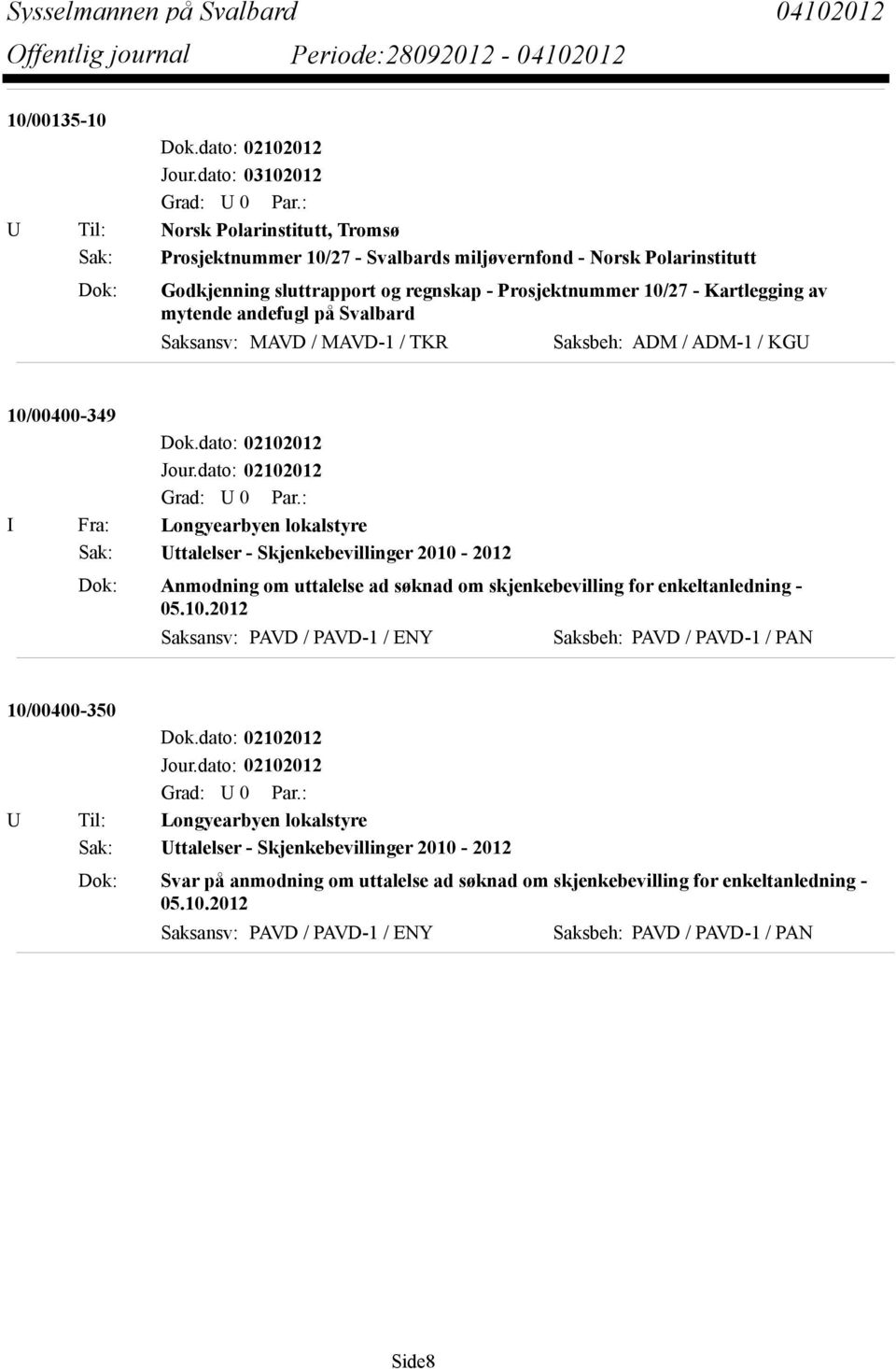Kartlegging av mytende andefugl på Svalbard Saksansv: MAVD / MAVD-1 / TKR Saksbeh: ADM / ADM-1 / KGU 10/00400-349 I Fra: Longyearbyen lokalstyre Sak: Uttalelser - Skjenkebevillinger 2010-2012 Dok: