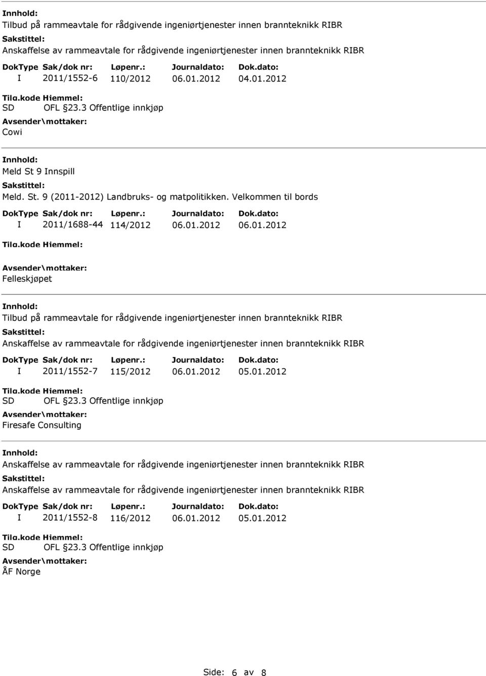 Velkommen til bords 2011/1688-44 114/2012 Felleskjøpet Tilbud på rammeavtale for rådgivende ingeniørtjenester innen brannteknikk RBR Anskaffelse av rammeavtale for rådgivende