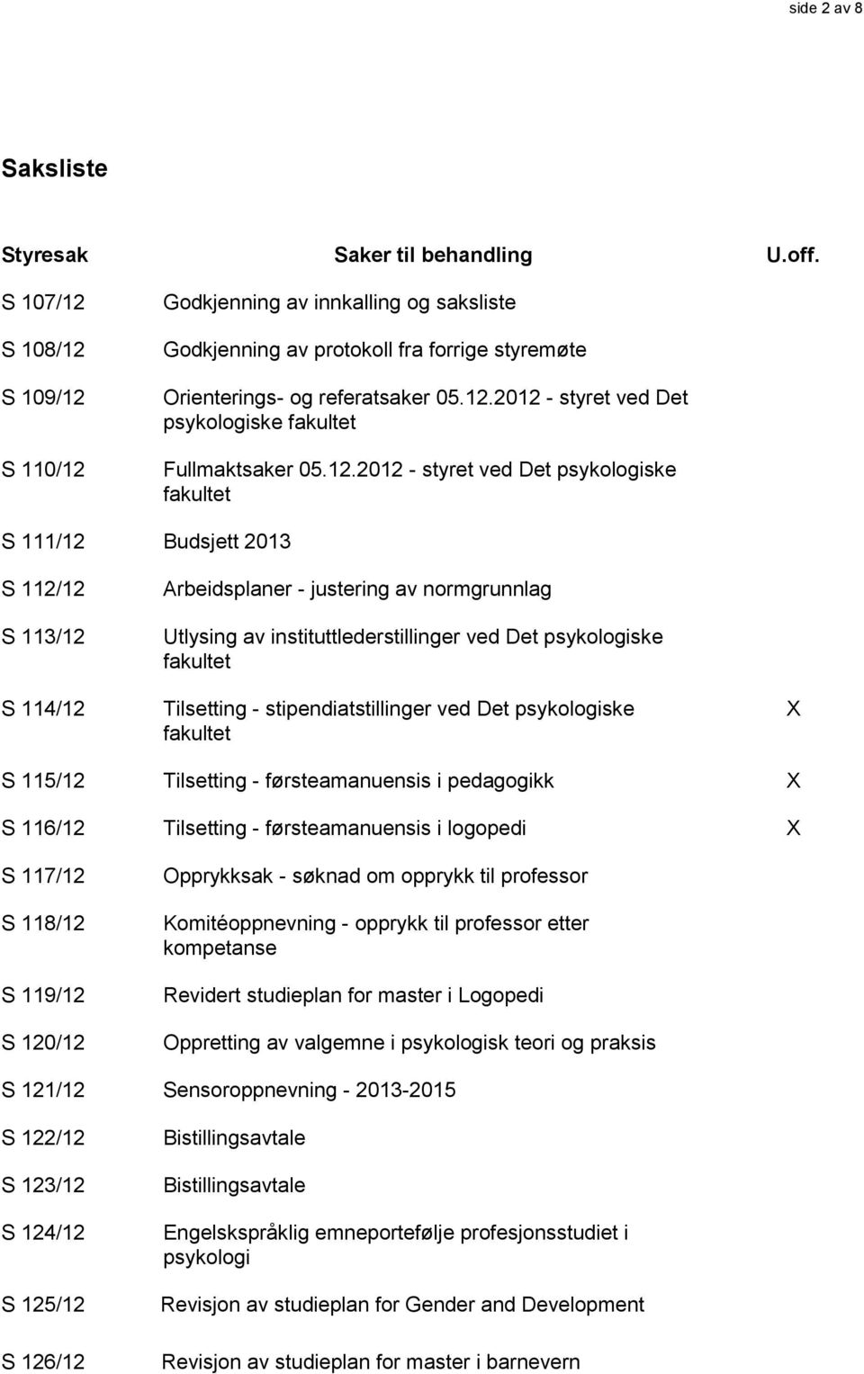 12.2012 - styret ved Det psykologiske fakultet S 111/12 Budsjett 2013 S 112/12 S 113/12 S 114/12 Arbeidsplaner - justering av normgrunnlag Utlysing av instituttlederstillinger ved Det psykologiske