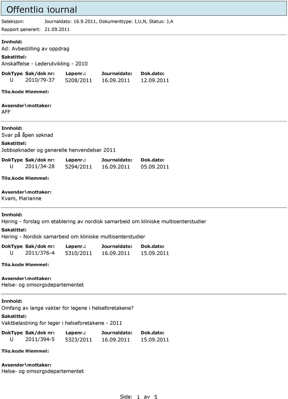 2011 AFF Svar på åpen søknad Jobbsøknader og generelle henvendelser 2011 2011/34-28 5294/2011 05.09.