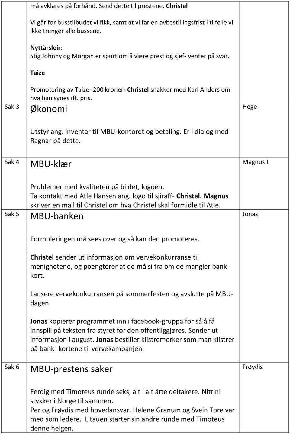 Økonomi Hege Utstyr ang. inventar til MBU-kontoret og betaling. Er i dialog med Ragnar på dette. Sak 4 MBU-klær Magnus L Sak 5 Problemer med kvaliteten på bildet, logoen.