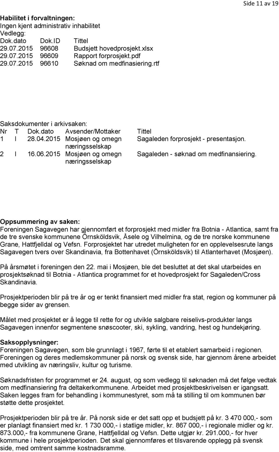 næringsselskap 2 I 16.06.2015 Mosjøen og omegn næringsselskap Sagaleden - søknad om medfinansiering.