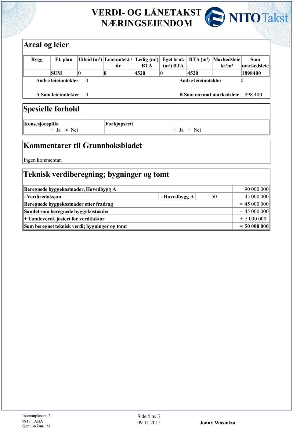 verdiberegning; bygninger og tomt Beregnede byggekostnader, Hovedbygg A 90 000 000 - Verdireduksjon - Hovedbygg A 50 45 000 000 Beregnede byggekostnader etter fradrag = 45 000 000 Samlet sum