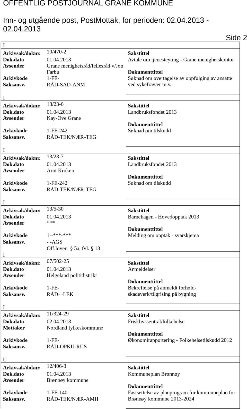 13/23-6 Sakstittel Avsender Kay-Ove Grane Arkivsak/doknr. 13/23-7 Sakstittel Avsender Arnt Kroken Arkivsak/doknr. 13/5-30 Sakstittel Dok.dato 01.04.