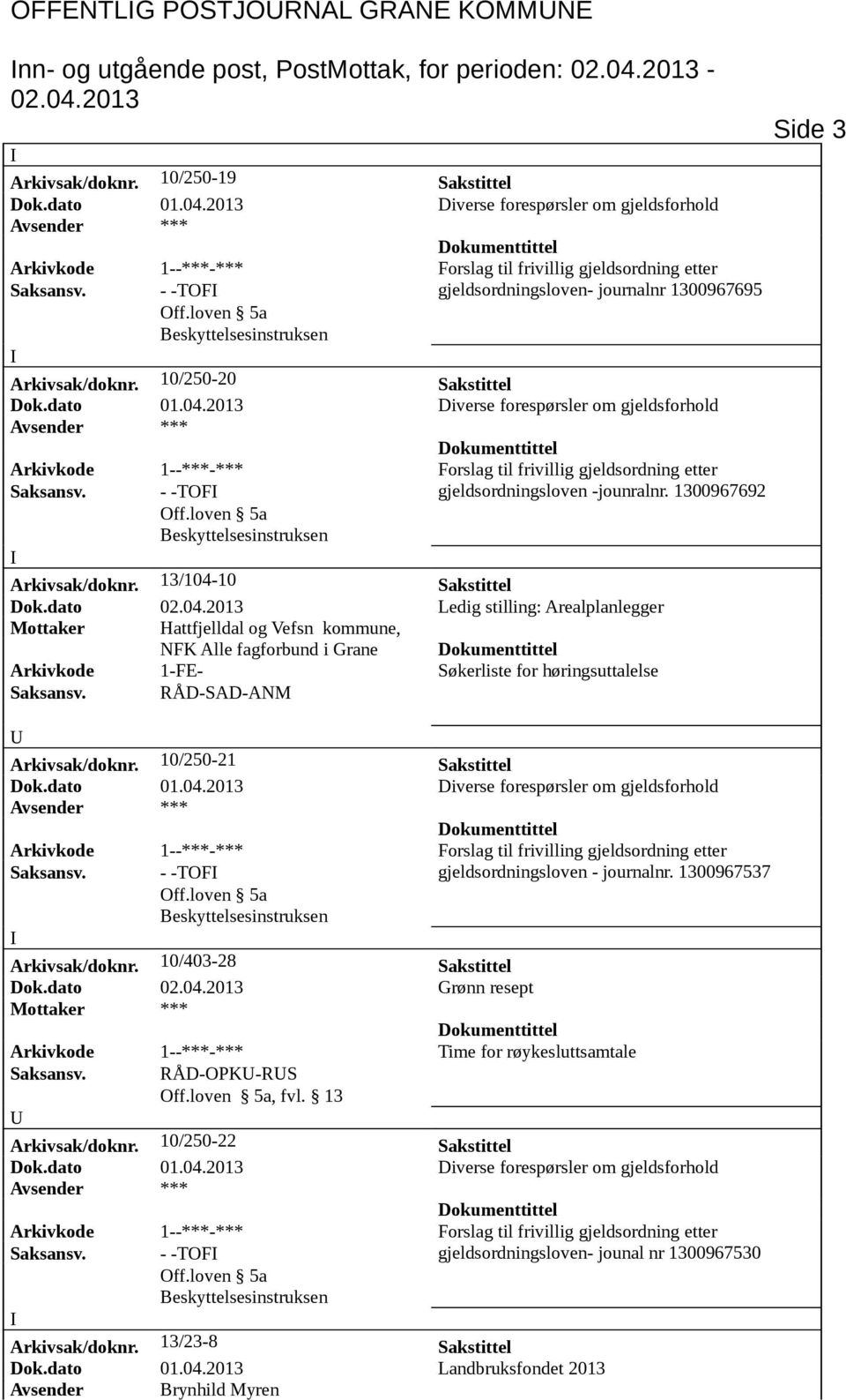 dato Ledig stilling: Arealplanlegger Mottaker Hattfjelldal og Vefsn kommune, NFK Alle fagforbund i Grane Arkivkode 1-FE- Søkerliste for høringsuttalelse Side 3 Arkivsak/doknr.