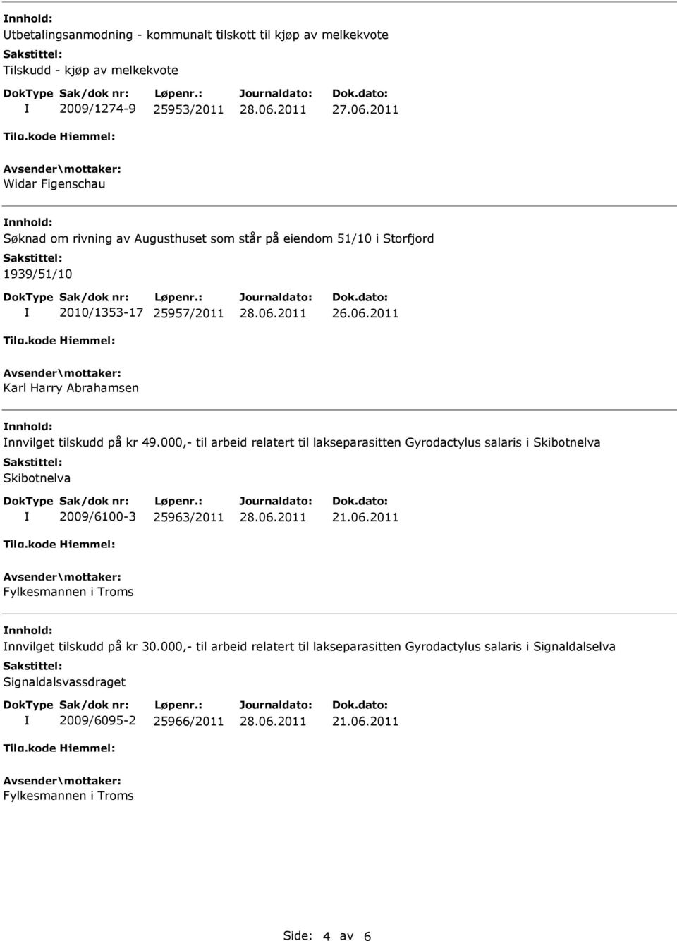 000,- til arbeid relatert til lakseparasitten Gyrodactylus salaris i Skibotnelva Skibotnelva 2009/6100-3 25963/2011 21.06.