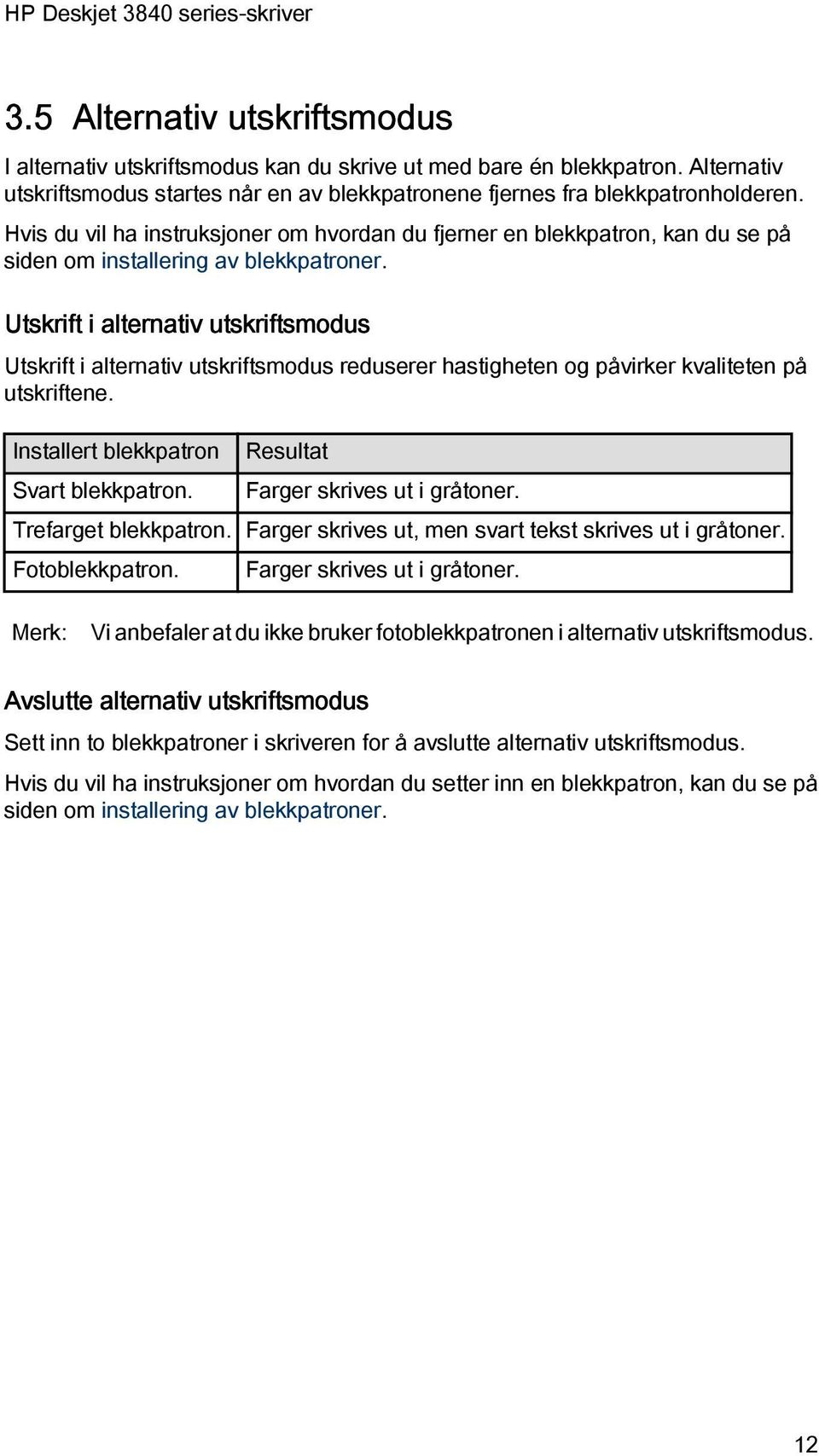 Utskrift i alternativ utskriftsmodus Utskrift i alternativ utskriftsmodus reduserer hastigheten og påvirker kvaliteten på utskriftene. Installert blekkpatron Svart blekkpatron.