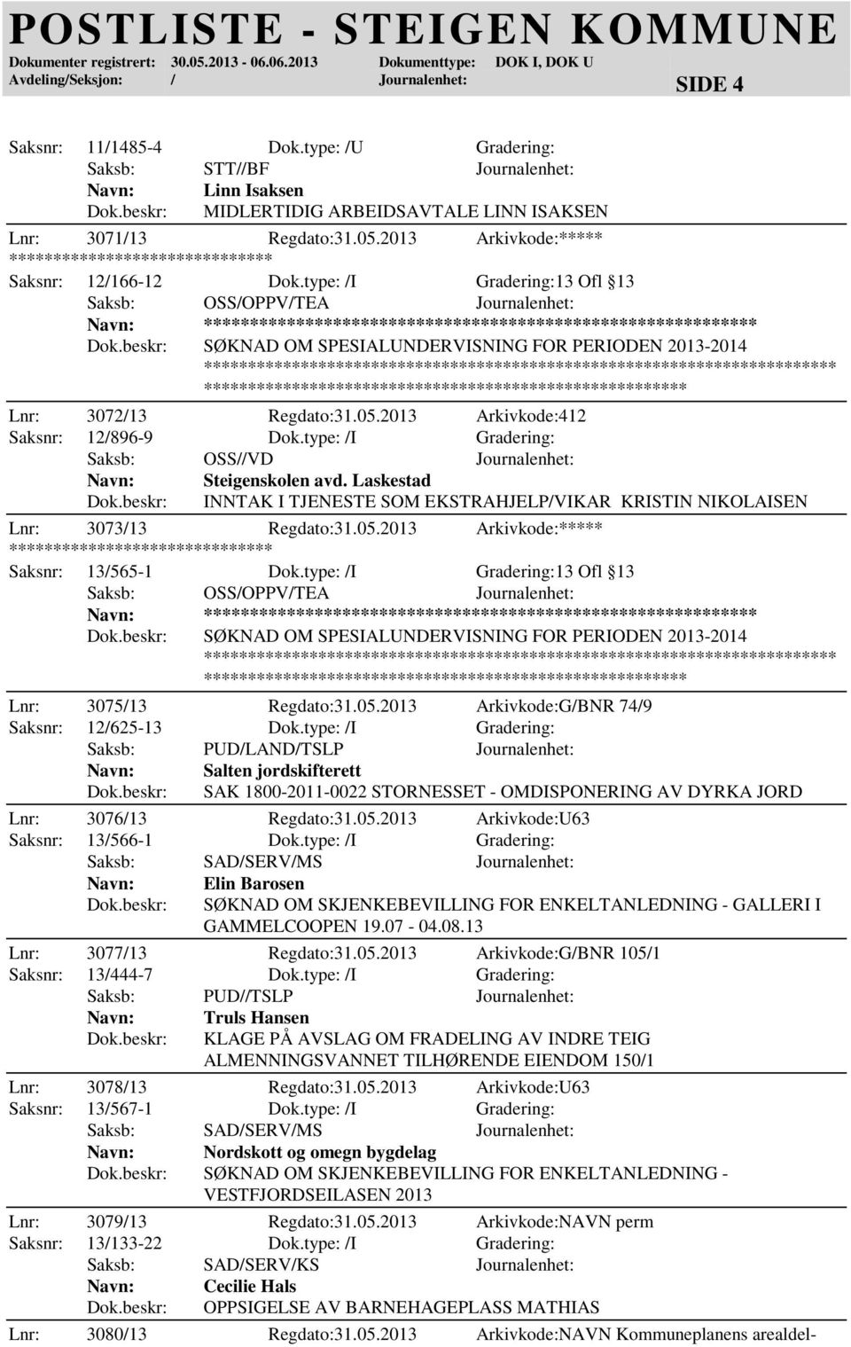 type: /I Gradering:13 Ofl 13 Saksb: OSS/OPPV/TEA Journalenhet: ***** SØKNAD OM SPESIALUNDERVISNING FOR PERIODEN 2013-2014 Lnr: 3072/13 Regdato:31.05.2013 Arkivkode:412 Saksnr: 12/896-9 Dok.