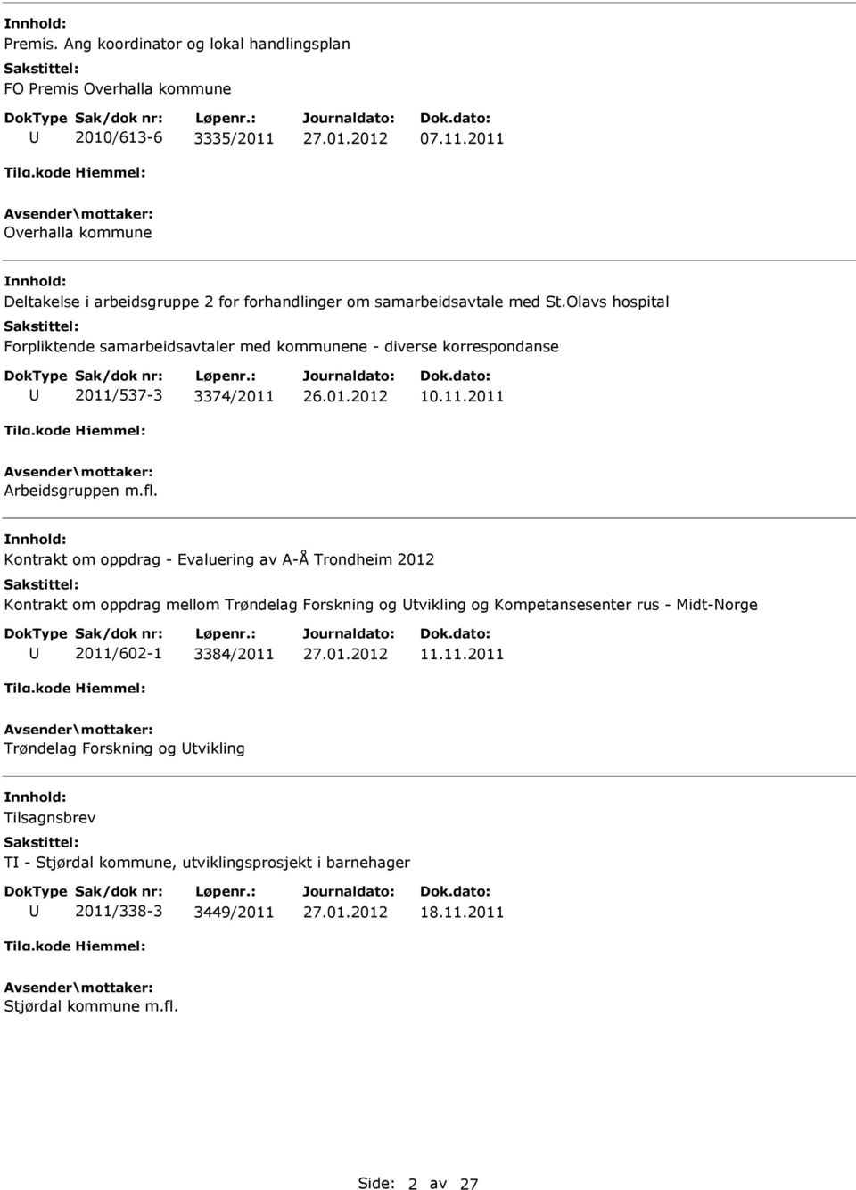 Olavs hospital Forpliktende samarbeidsavtaler med kommunene - diverse korrespondanse 2011/537-3 3374/2011 10.11.2011 Arbeidsgruppen m.fl.