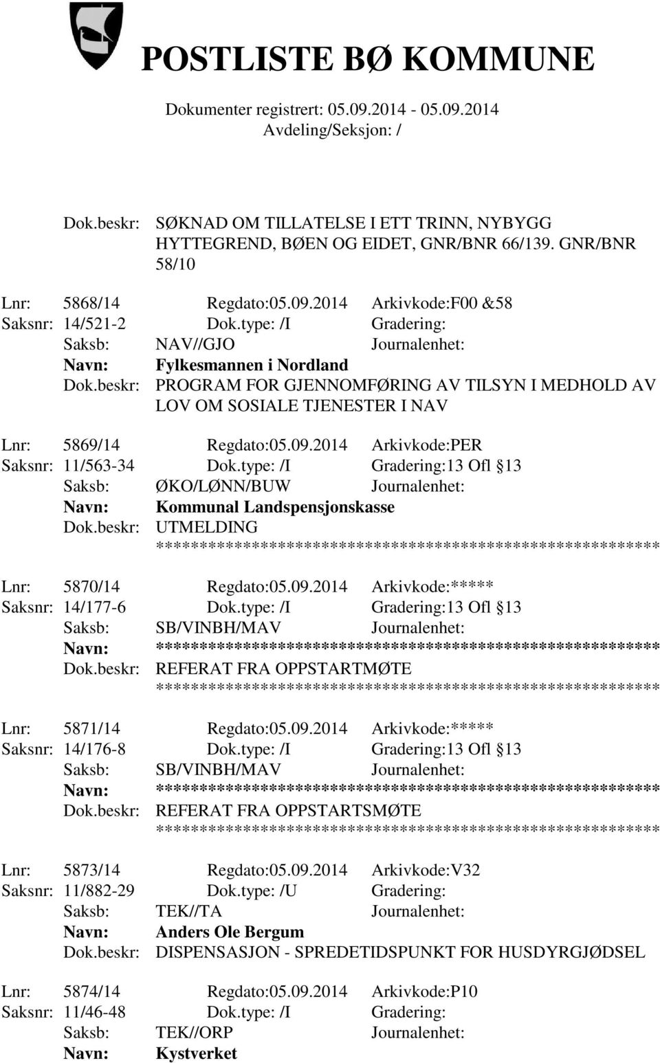 2014 Arkivkode:PER Saksnr: 11/563-34 Dok.type: /I Gradering:13 Ofl 13 Saksb: ØKO/LØNN/BUW Journalenhet: Navn: Kommunal Landspensjonskasse Dok.beskr: UTMELDING Lnr: 5870/14 Regdato:05.09.