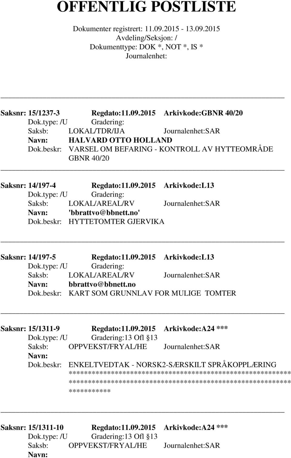 2015 Arkivkode:L13 Saksb: LOKAL/AREAL/RV SAR 'bbrattvo@bbnett.no' Dok.beskr: HYTTETOMTER GJERVIKA Saksnr: 14/197-5 Regdato:11.09.