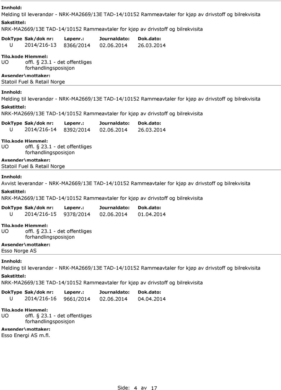 03.2014 Avvist leverandør - O 2014/216-15 9378/2014 Esso Norge AS 01.04.