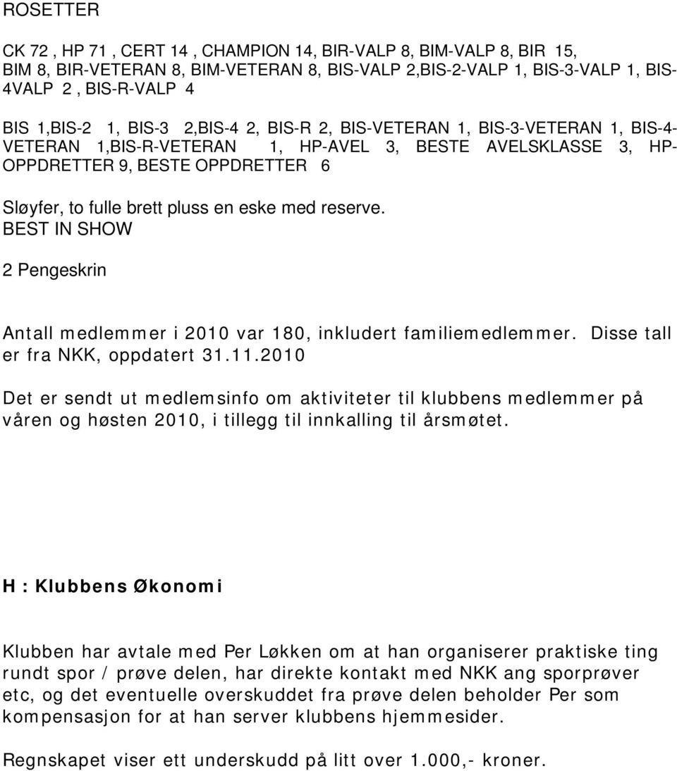 med reserve. BEST IN SHOW 2 Pengeskrin Antall medlemmer i 2010 var 180, inkludert familiemedlemmer. Disse tall er fra NKK, oppdatert 31.11.