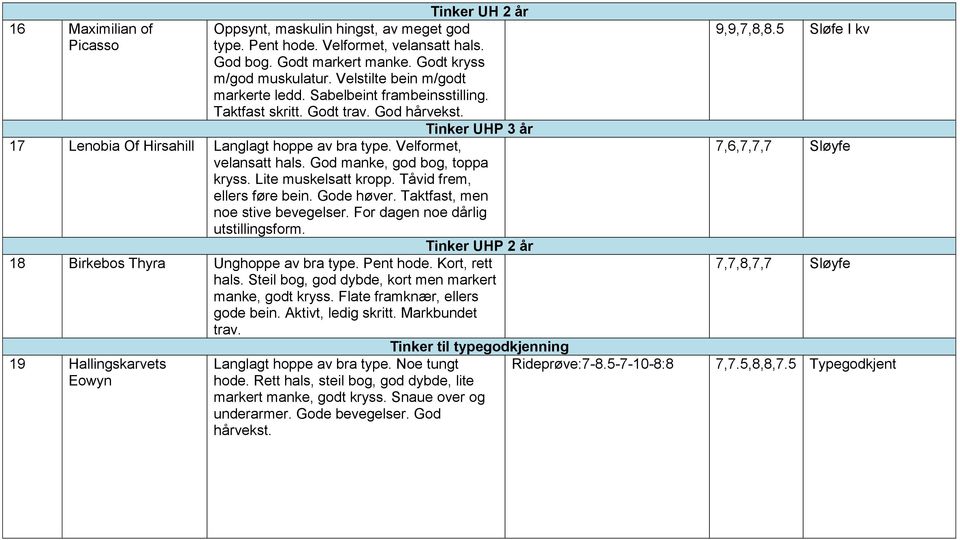 Velformet, velansatt hals. God manke, god bog, toppa kryss. Lite muskelsatt kropp. Tåvid frem, ellers føre bein. Gode høver. Taktfast, men noe stive bevegelser. For dagen noe dårlig utstillingsform.