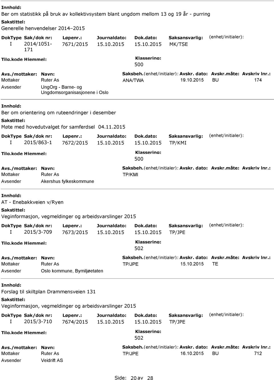 11.2015 2015/863-1 7672/2015 TP/KM 500 Avs./mottaker: Navn: Saksbeh. Avskr. dato: Avskr.måte: Avskriv lnr.