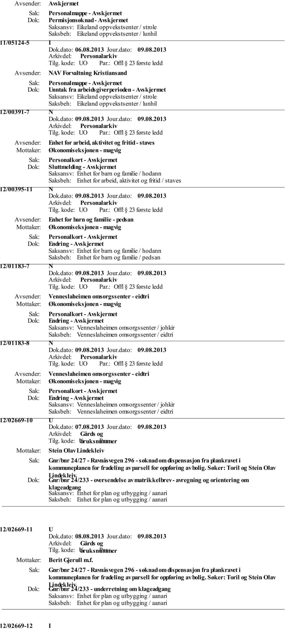 Saksansv: Enhet for barn og familie / hodann Saksbeh: Enhet for barn og familie / pedsan 12/01183-7 N Venneslaheimen omsorgssenter - eidtri Personalkort - Endring - Saksansv: Venneslaheimen