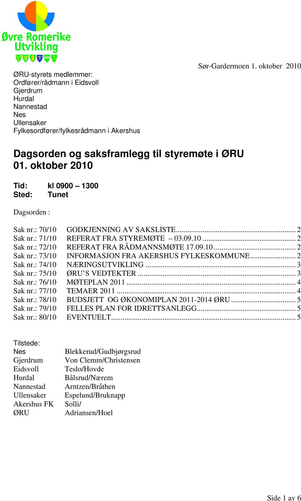 : 71/10 REFERAT FRA STYREMØTE 03.09.10... 2 Sak nr.: 72/10 REFERAT FRA RÅDMANNSMØTE 17.09.10... 2 Sak nr.: 73/10 INFORMASJON FRA AKERSHUS FYLKESKOMMUNE... 2 Sak nr.: 74/10 NÆRINGSUTVIKLING... 3 Sak nr.