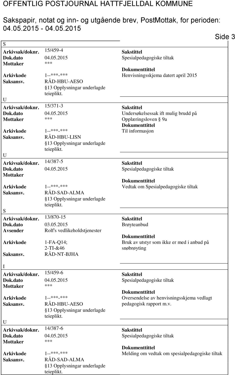 2015 ndersøkelsessak ift mulig brudd på *** Opplæringsloven 9a Arkivkode 1--***-*** Til informasjon aksansv. RÅD-HB-LN Arkivsak/doknr.