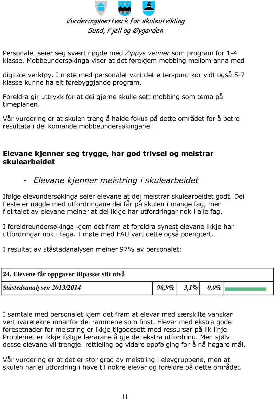 Vår vurdering er at skulen treng å halde fokus på dette området for å betre resultata i dei komande mobbeundersøkingane.