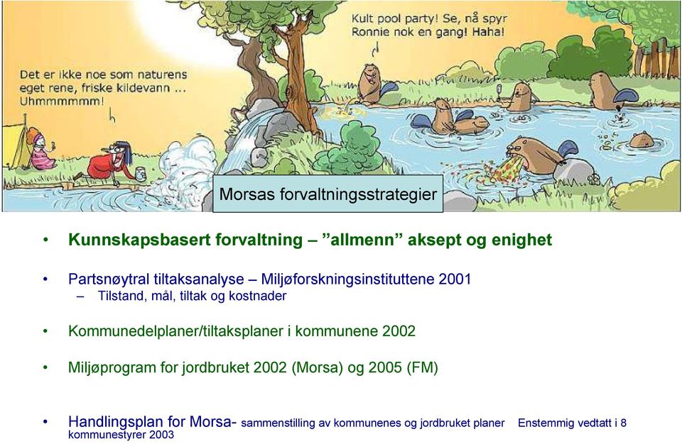 Kommunedelplaner/tiltaksplaner i kommunene 2002 Miljøprogram for jordbruket 2002 (Morsa) og 2005 (FM)
