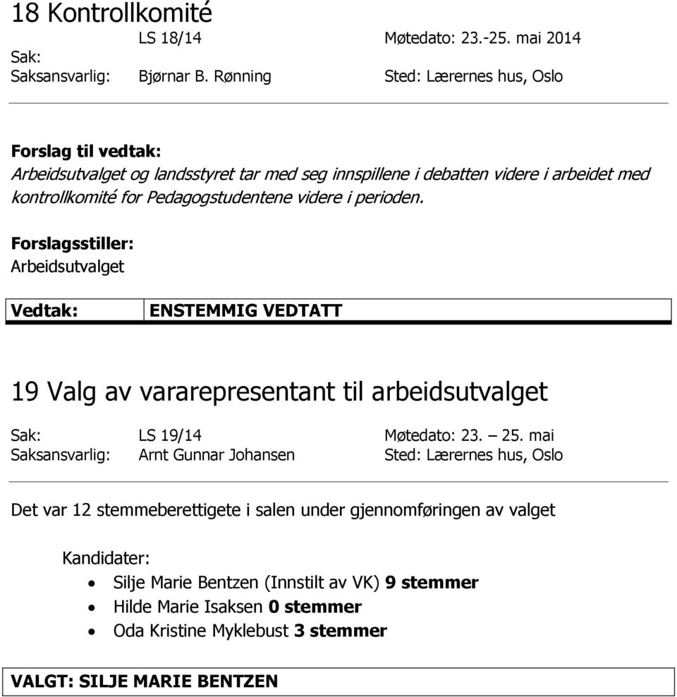 perioden. ENSTEMMIG VEDTATT 19 Valg av vararepresentant til arbeidsutvalget Sak: LS 19/14 Møtedato: 23. 25.