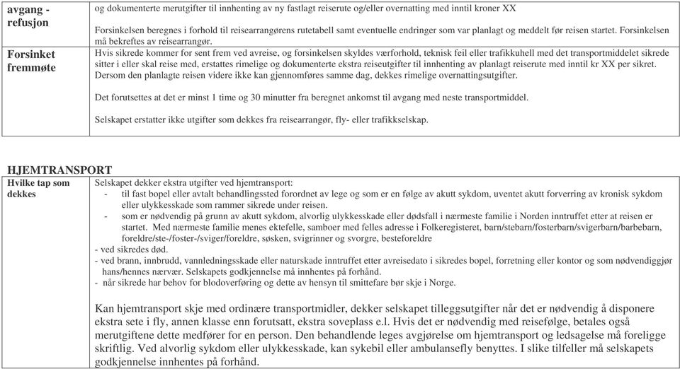 Hvis sikrede kommer for sent frem ved avreise, og forsinkelsen skyldes værforhold, teknisk feil eller trafikkuhell med det transportmiddelet sikrede sitter i eller skal reise med, erstattes rimelige