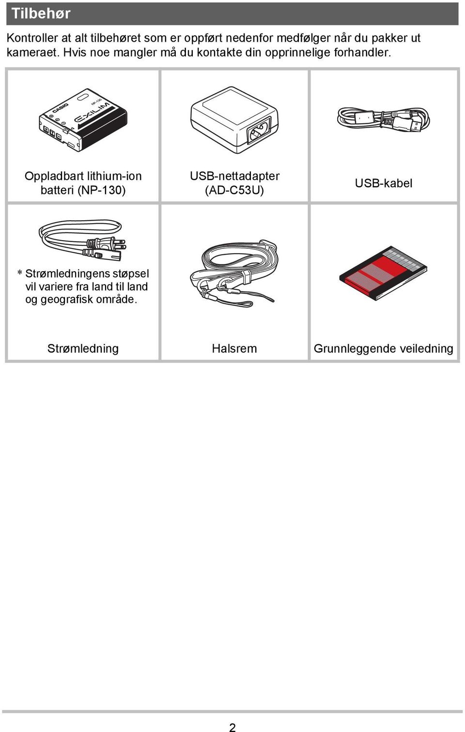 Oppladbart lithium-ion batteri (NP-130) USB-nettadapter (AD-C53U) USB-kabel *