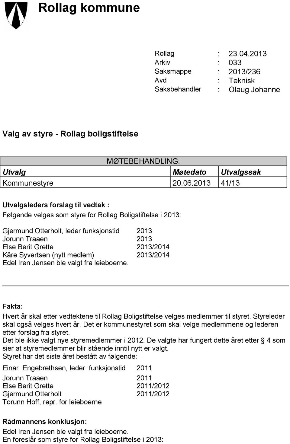 2013 41/13 Utvalgsleders forslag til vedtak : Følgende velges som styre for Rollag Boligstiftelse i 2013: Gjermund Otterholt, leder funksjonstid 2013 Jorunn Traaen 2013 Else Berit Grette 2013/2014