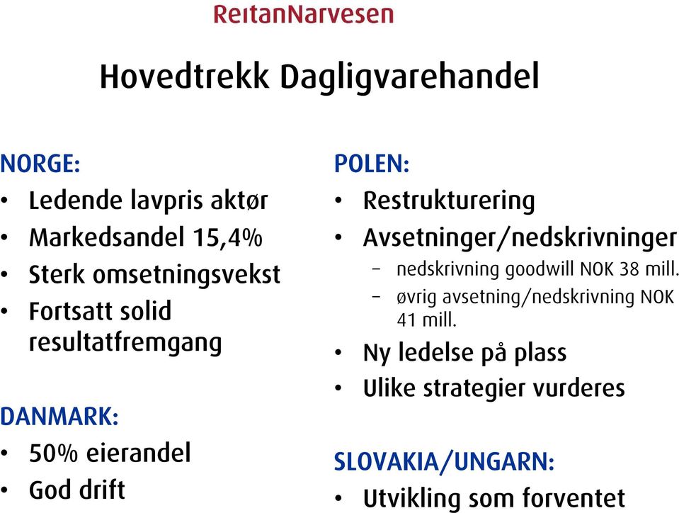 Restrukturering Avsetninger/nedskrivninger nedskrivning goodwill NOK 38 mill.