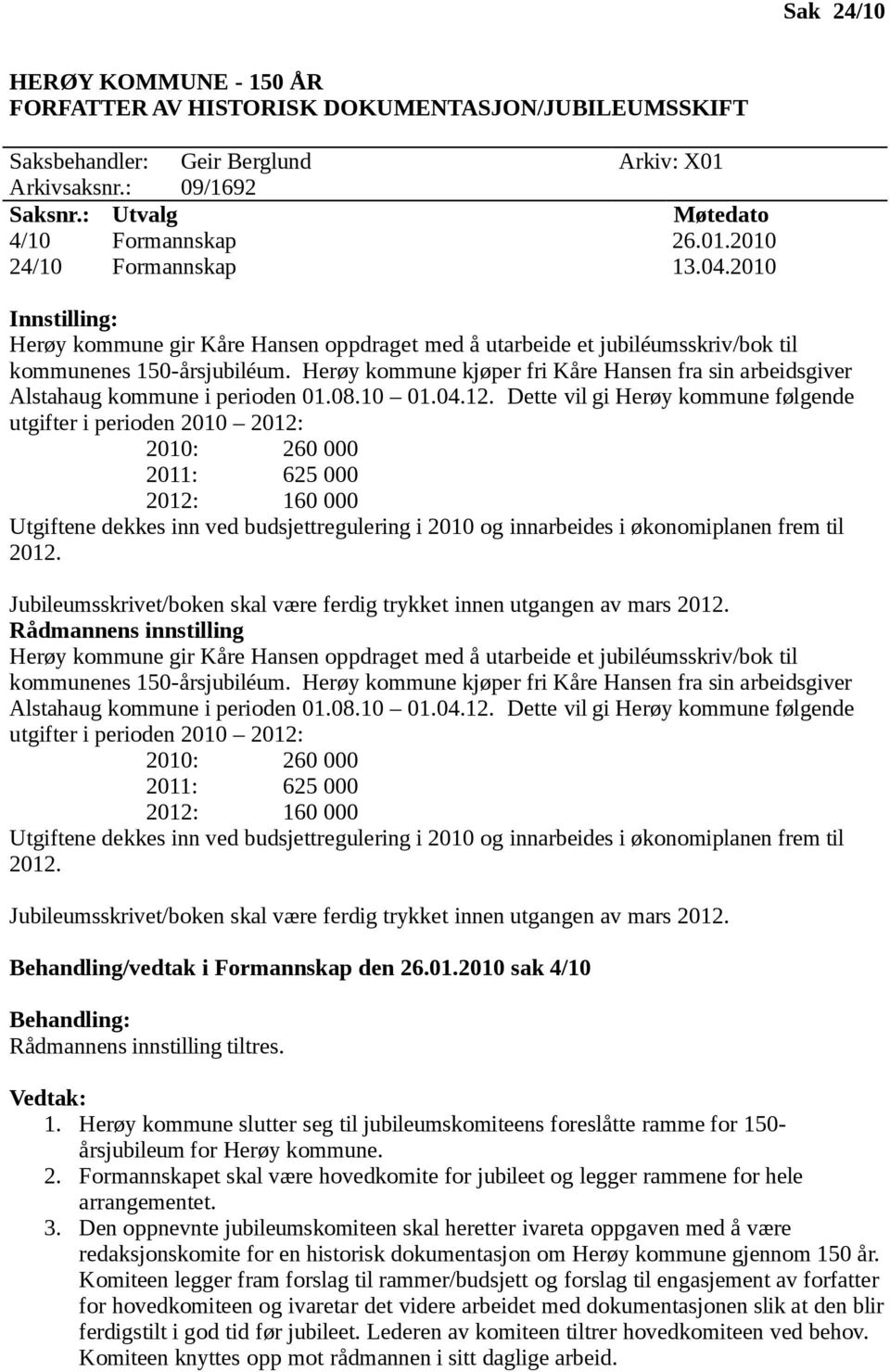 Herøy kommune kjøper fri Kåre Hansen fra sin arbeidsgiver Alstahaug kommune i perioden 01.08.10 01.04.12.