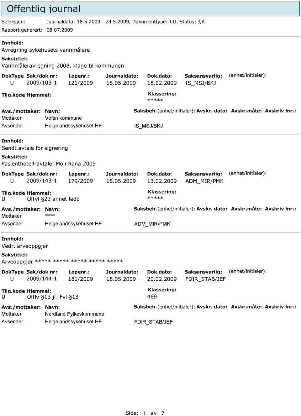 2009 S_MSJ/BKJ Mottaker Vefsn kommune S_MSJ/BKJ Sendt avtale for signering Pasienthotell-avtale Mo i Rana 2009 2009/143-1 179/2009 13.02.