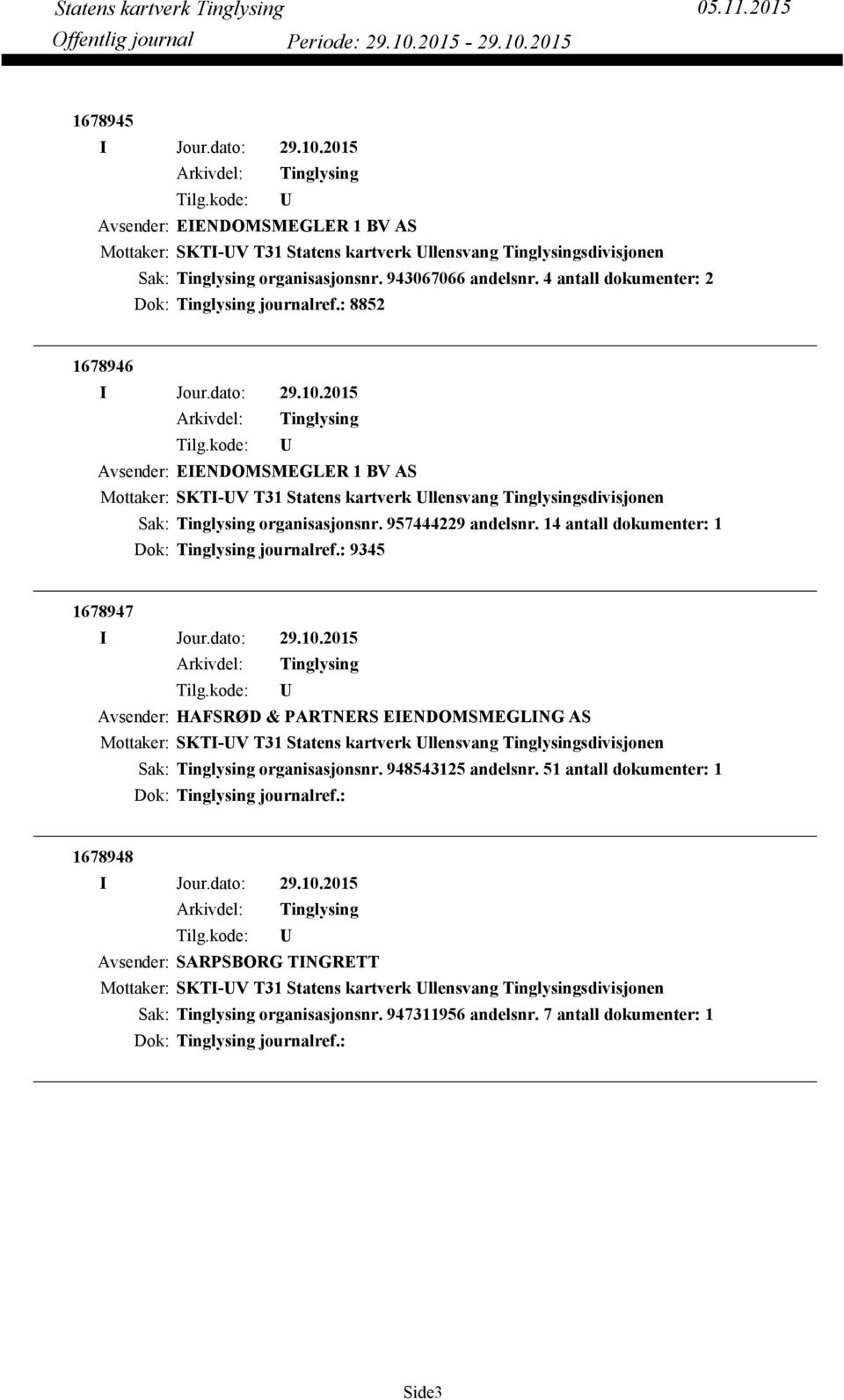 14 antall dokumenter: 1 Dok: journalref.: 9345 1678947 Avsender: HAFSRØD & PARTNERS EIENDOMSMEGLING AS Mottaker: SKTI-V T31 Statens kartverk llensvang sdivisjonen organisasjonsnr.