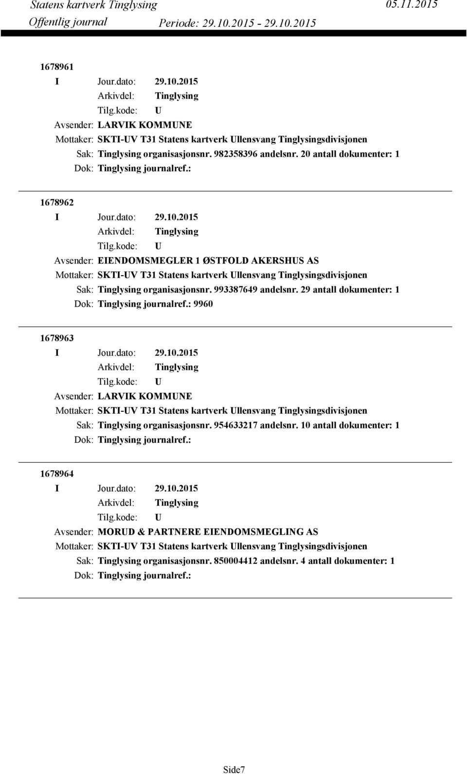 993387649 andelsnr. 29 antall dokumenter: 1 Dok: journalref.: 9960 1678963 Avsender: LARVIK KOMMNE Mottaker: SKTI-V T31 Statens kartverk llensvang sdivisjonen organisasjonsnr.