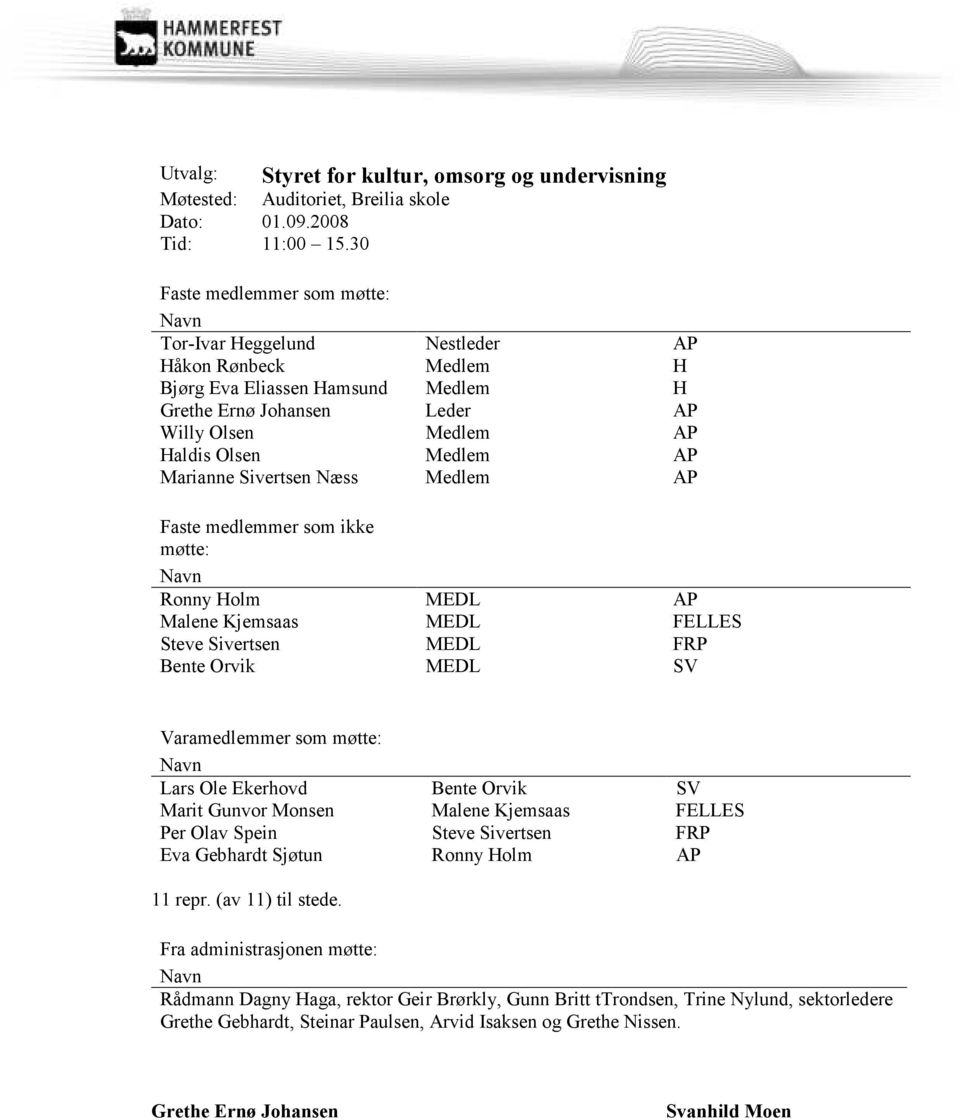 Marianne Sivertsen Næss Medlem AP Faste medlemmer som ikke møtte: Ronny Holm MEDL AP Malene Kjemsaas MEDL FELLES Steve Sivertsen MEDL FRP Bente Orvik MEDL SV Varamedlemmer som møtte: Lars Ole