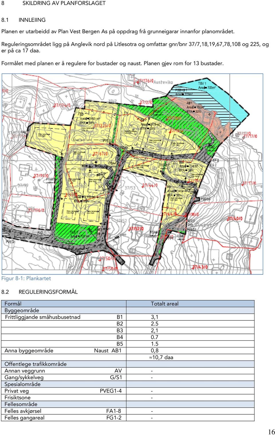 Formålet med planen er å regulere for bustader og naust. Planen gjev rom for 13 bustader. Figur 8-1: Plankartet 8.
