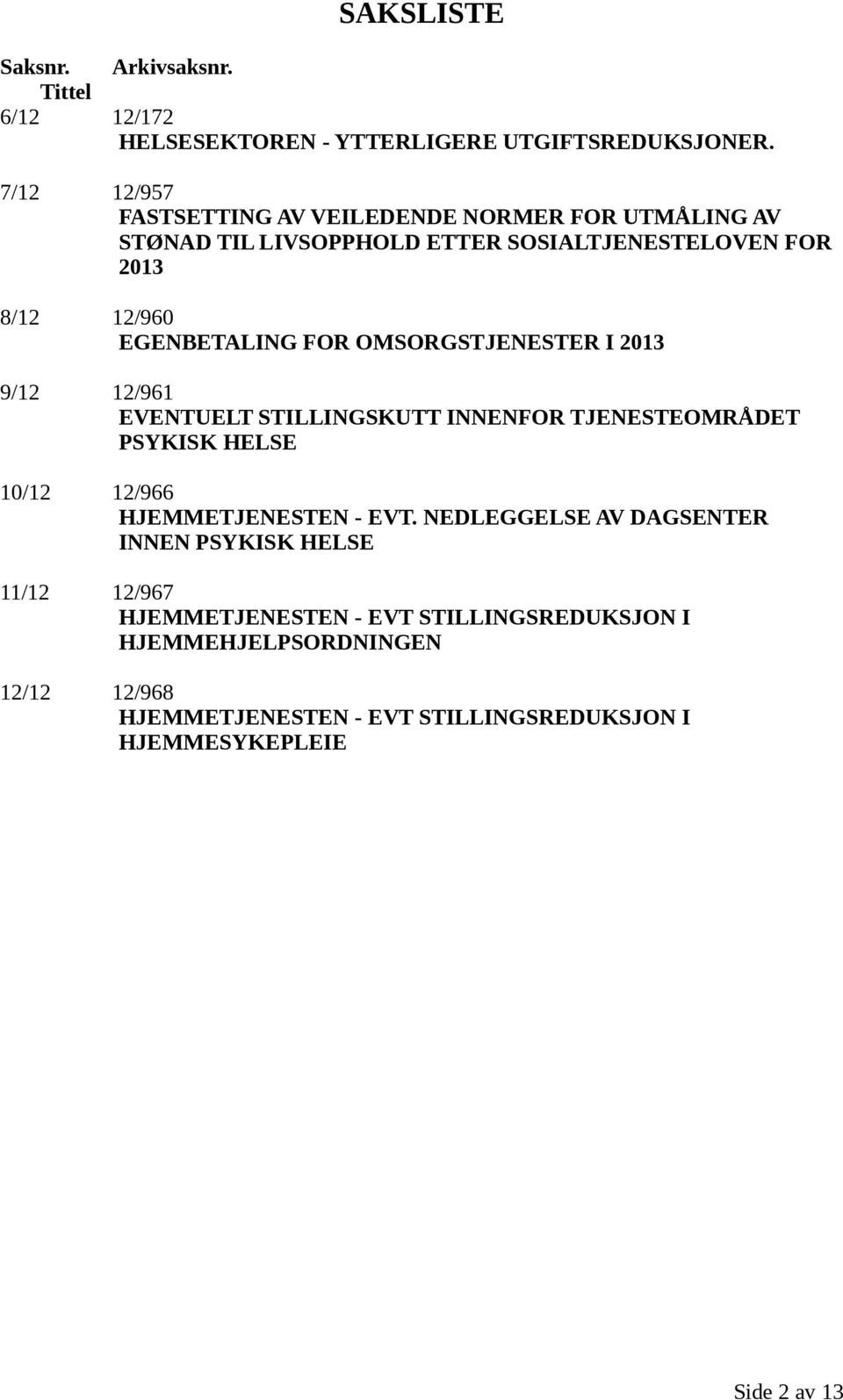 FOR OMSORGSTJENESTER I 2013 9/12 12/961 EVENTUELT STILLINGSKUTT INNENFOR TJENESTEOMRÅDET PSYKISK HELSE 10/12 12/966 HJEMMETJENESTEN - EVT.