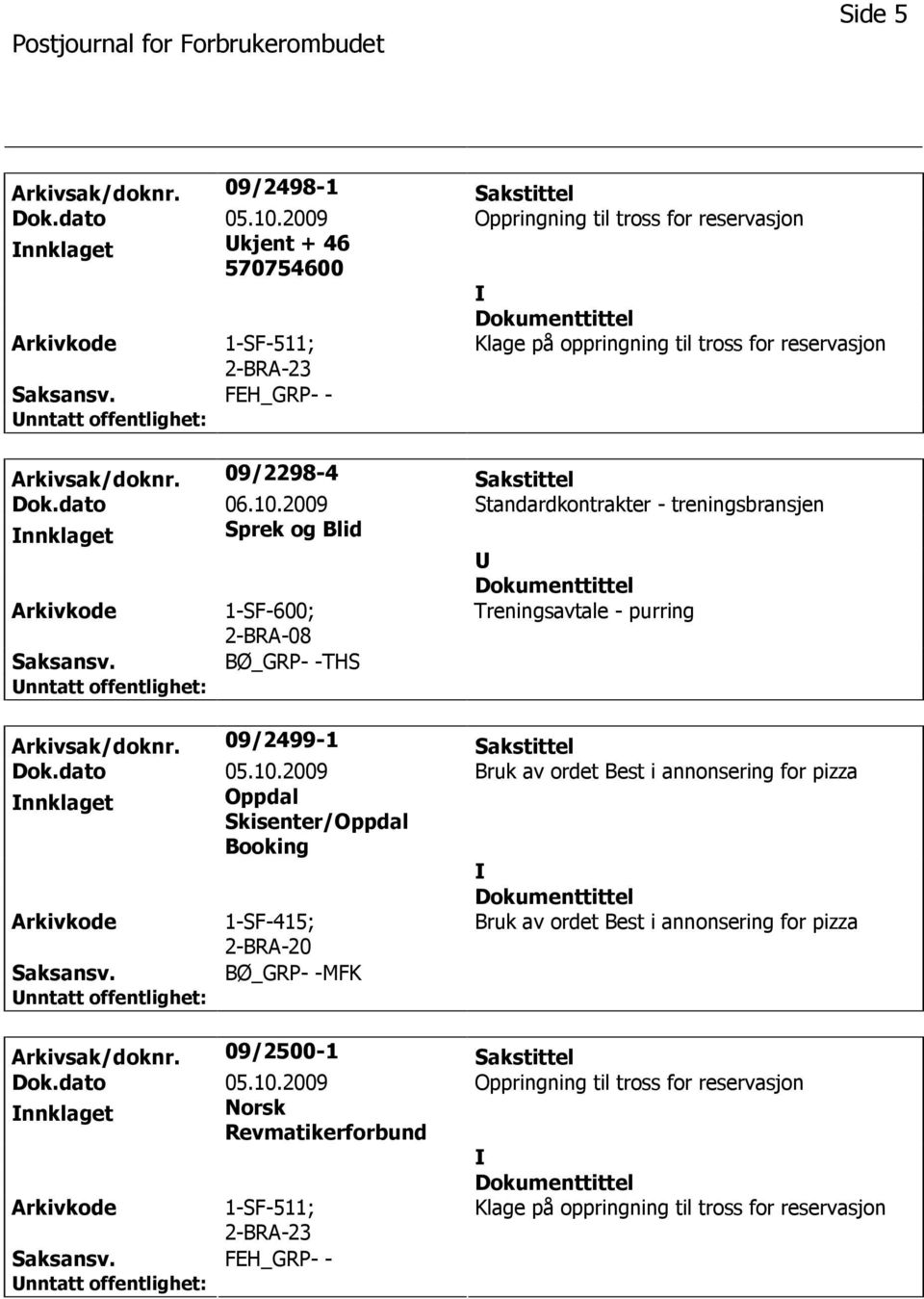 10.2009 Standardkontrakter - treningsbransjen nnklaget Sprek og Blid 1-SF-600; 2-BRA-08 Treningsavtale - purring BØ_GRP- -THS Arkivsak/doknr. 09/2499-1 Sakstittel Dok.dato 05.10.2009 Bruk av ordet Best i annonsering for pizza nnklaget Oppdal Skisenter/Oppdal Booking 1-SF-415; 2-BRA-20 Bruk av ordet Best i annonsering for pizza BØ_GRP- -MFK Arkivsak/doknr.