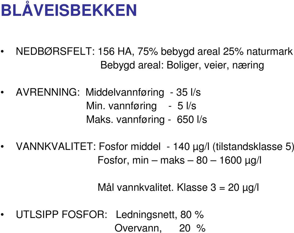 vannføring - 650 l/s VANNKVALITET: Fosfor middel - 140 µg/l (tilstandsklasse 5) Fosfor, min