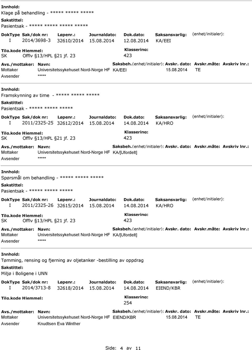 : Mottaker niversitetssykehuset Nord-Norge HF KA/[fordelt] ***** Spørsmål om behandling - ***** ***** ***** 2011/2325-26 32615/2014 KA/HRO Avs./mottaker: Navn: Saksbeh. Avskr. dato: Avskr.