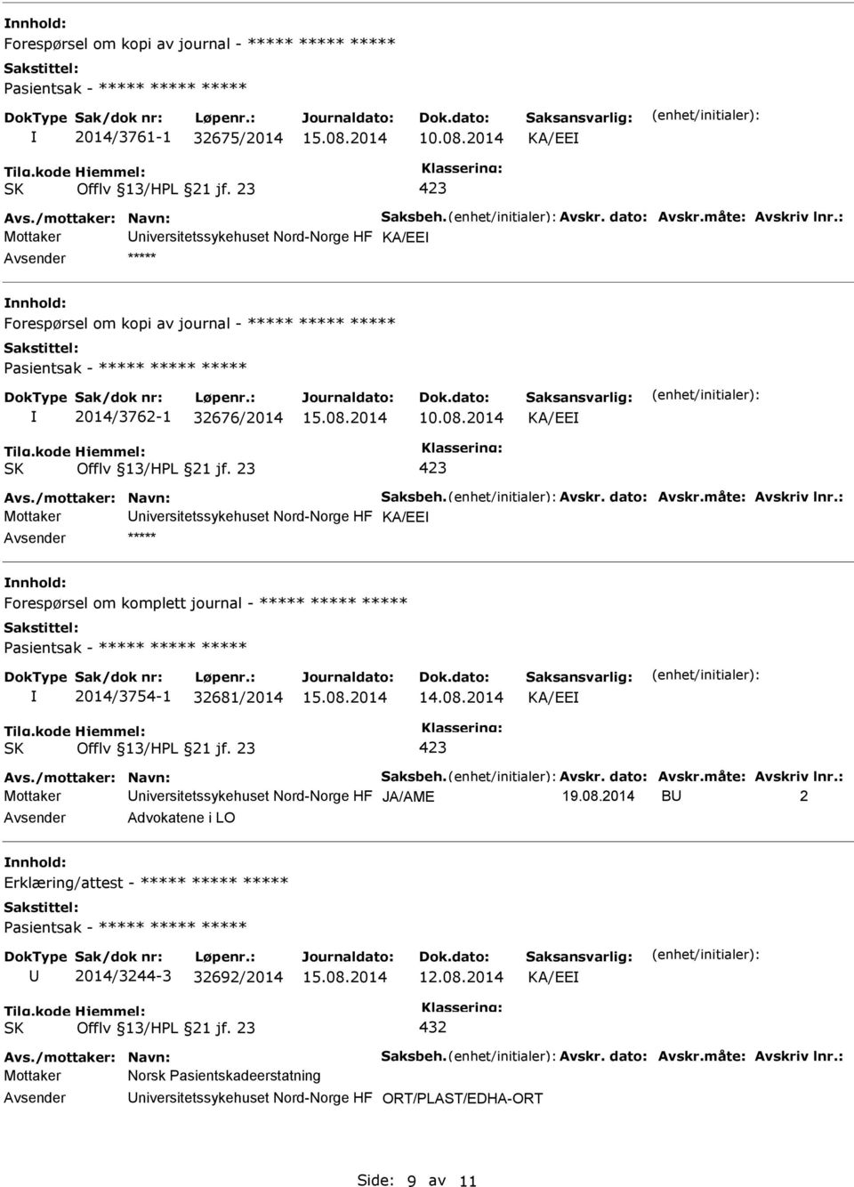 måte: Avskriv lnr.: Mottaker niversitetssykehuset Nord-Norge HF KA/EE ***** Forespørsel om komplett journal - ***** ***** ***** 2014/3754-1 32681/2014 KA/EE Avs./mottaker: Navn: Saksbeh. Avskr. dato: Avskr.