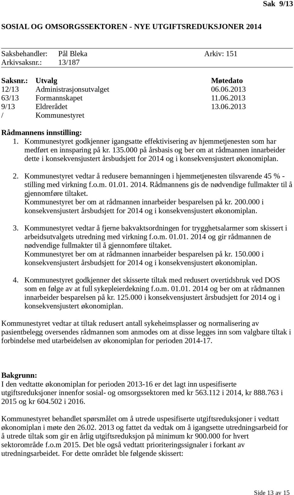 Kommunestyret godkjenner igangsatte effektivisering av hjemmetjenesten som har medført en innsparing på kr. 135.