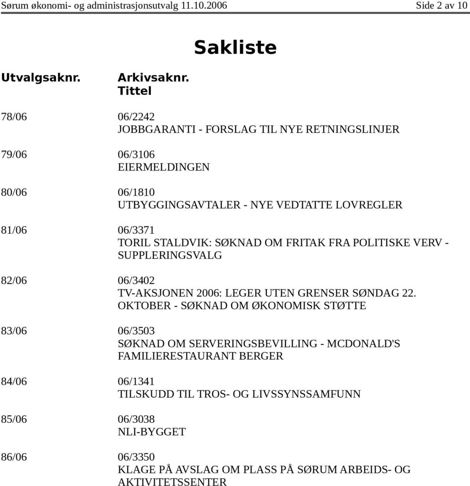 TORIL STALDVIK: SØKNAD OM FRITAK FRA POLITISKE VERV - SUPPLERINGSVALG 82/06 06/3402 TV-AKSJONEN 2006: LEGER UTEN GRENSER SØNDAG 22.