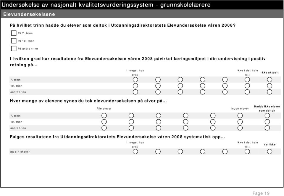 .. Hvor mange av elevene synes du tok elevundersøkelsen på alvor på... I meget høy Ikke i det hele Ikke aktuelt grad tatt 7. trinn 10.