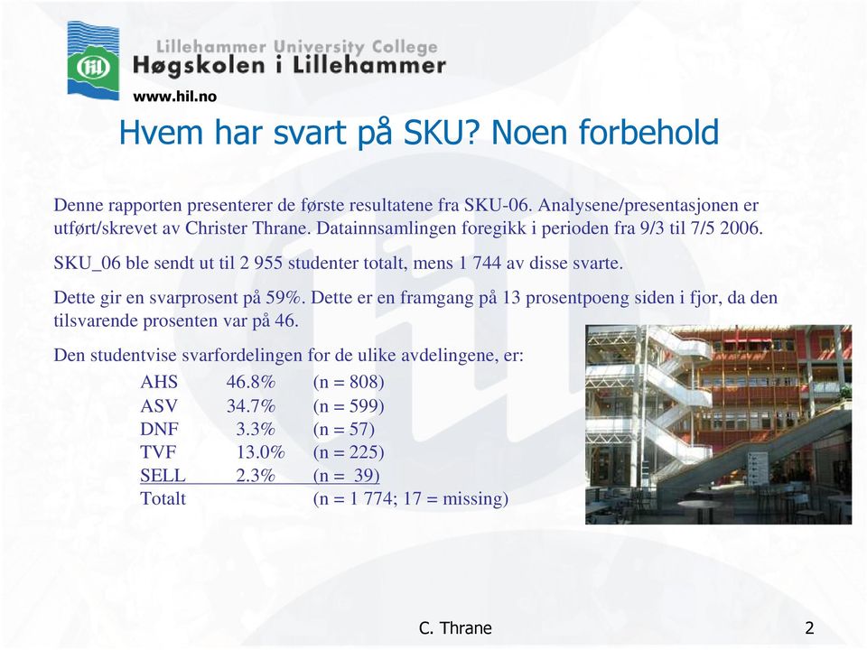 SKU_06 ble sendt ut til 2 955 studenter totalt, mens 1 744 av disse svarte. Dette gir en svarprosent på 59%.