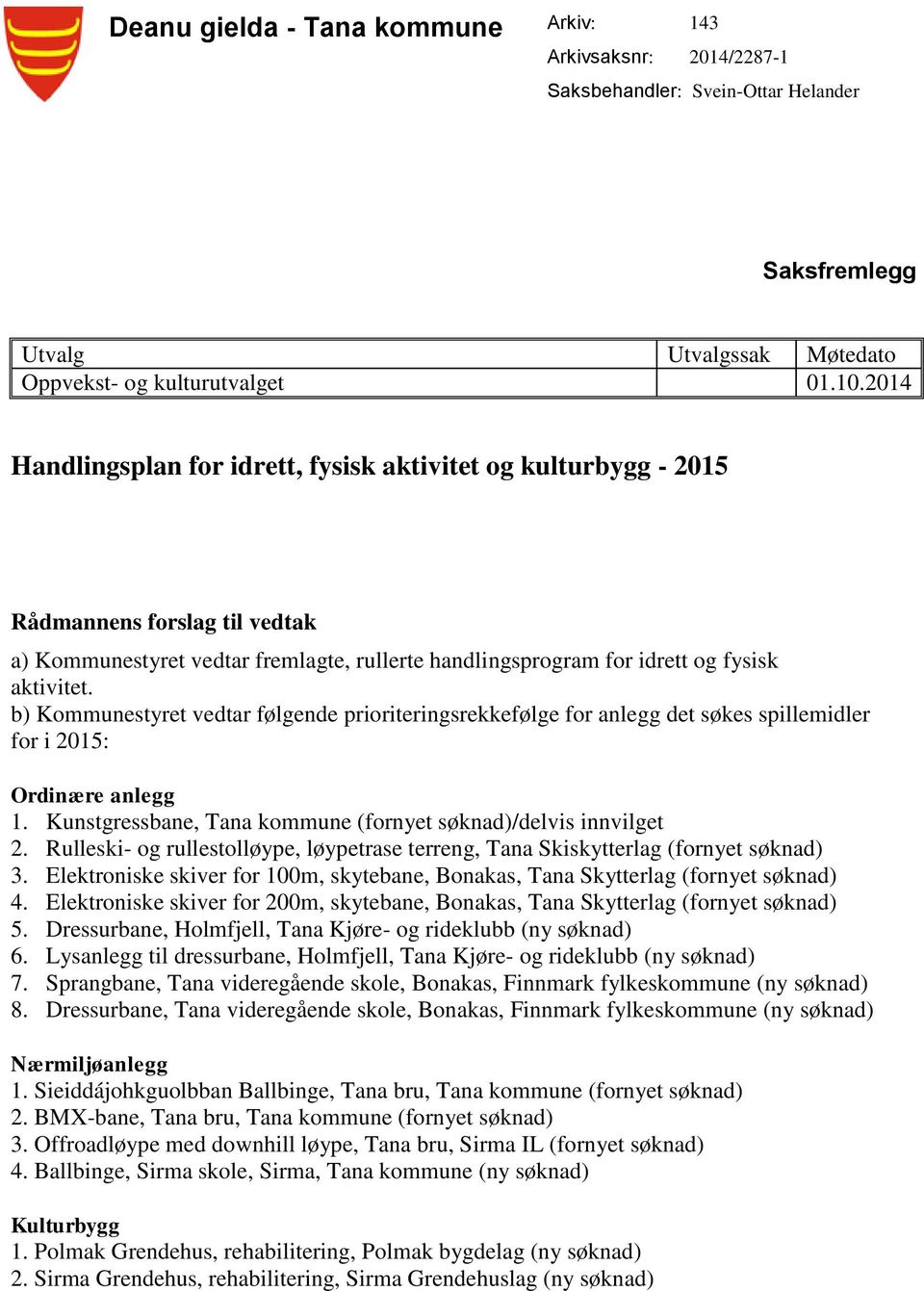 b) Kommunestyret vedtar følgende prioriteringsrekkefølge for anlegg det søkes spillemidler for i 2015: Ordinære anlegg 1. Kunstgressbane, Tana kommune (fornyet søknad)/delvis innvilget 2.