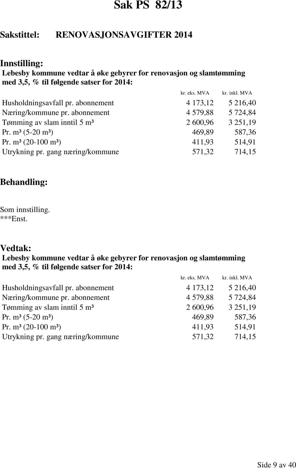 m³ (20-100 m³) 411,93 514,91 Utrykning pr. gang næring/kommune 571,32 714,15 Lebesby kommune vedtar å øke gebyrer for renovasjon og slamtømming med 3,5, % til følgende satser for 2014: kr. eks.