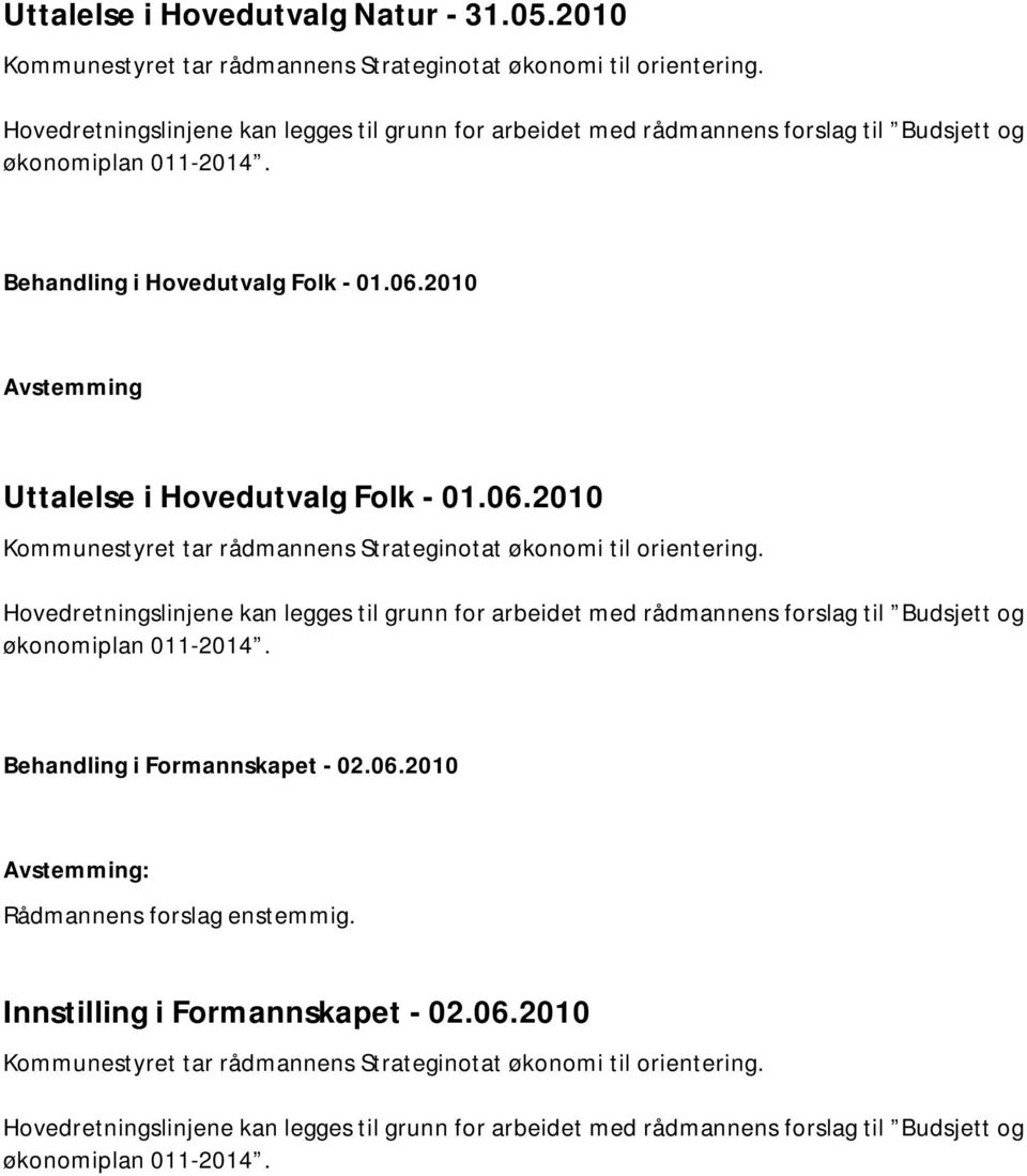 2010 Avstemming Uttalelse i Hovedutvalg Folk - 01.06.2010 Kommunestyret tar rådmannens Strateginotat økonomi til orientering.