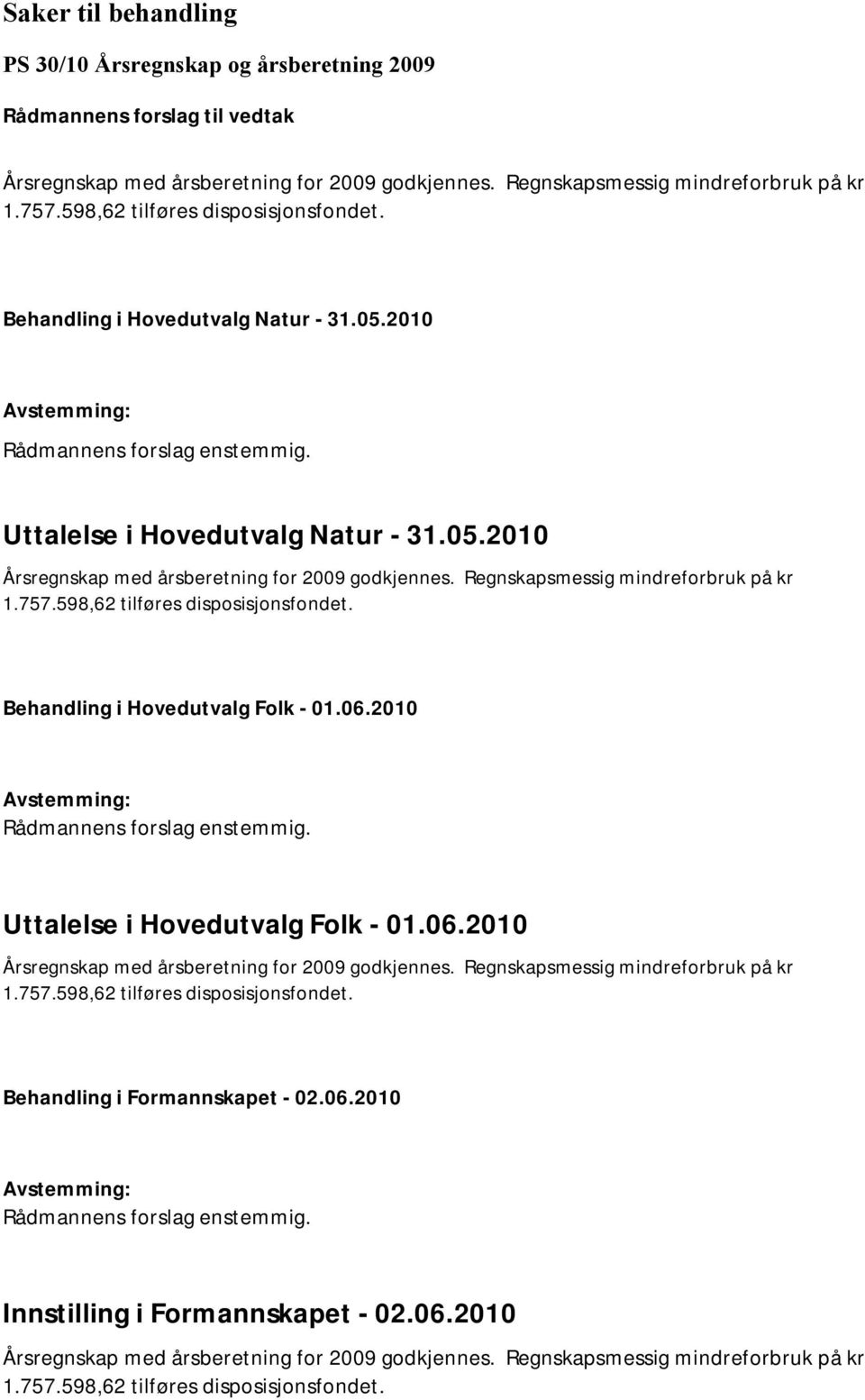 598,62 tilføres disposisjonsfondet. Behandling i Hovedutvalg Folk - 01.06.2010 Uttalelse i Hovedutvalg Folk - 01.06.2010 Årsregnskap med årsberetning for 2009 godkjennes.